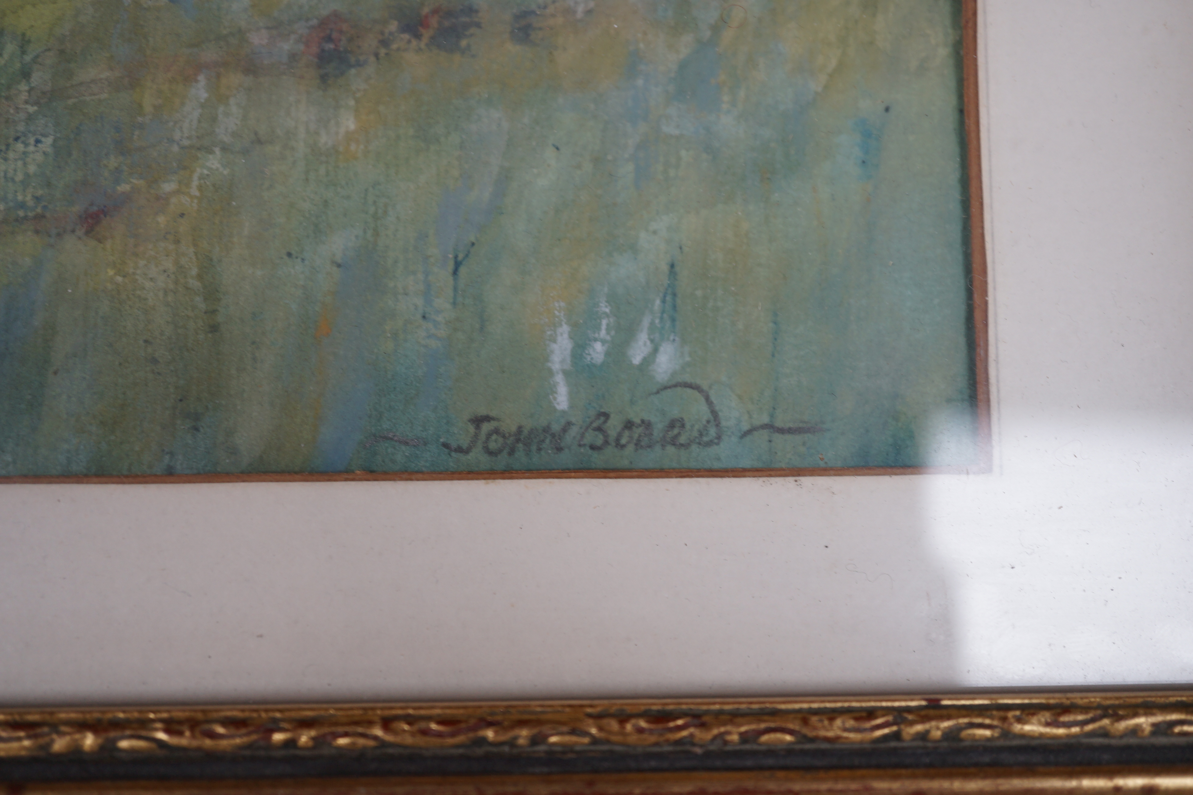 John Broad, watercolour, Steeplechasing, signed, 22 x 35cm, gilt framed. Condition - fair, rippling to the paper